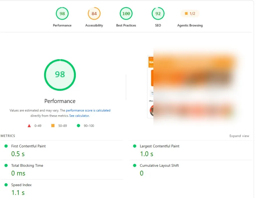 Captura de PageSpeed en escritorio después de optimizar, puntaje 98