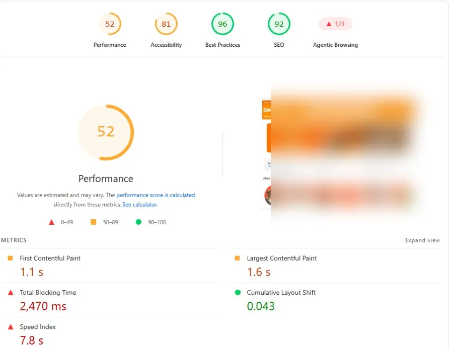 Captura de PageSpeed en escritorio antes de optimizar, puntaje 52