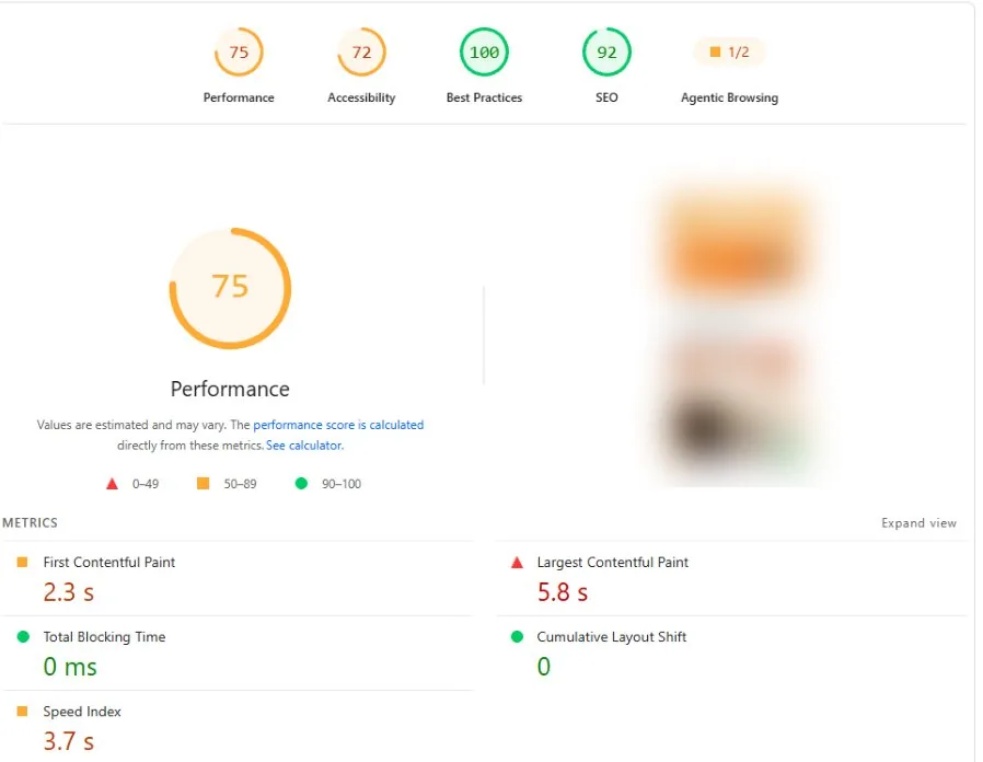 Captura de PageSpeed en móvil después de optimizar, puntaje 75