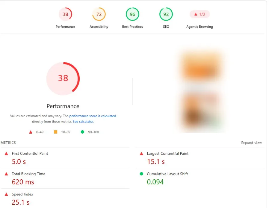 Captura de PageSpeed en móvil antes de optimizar, puntaje 38